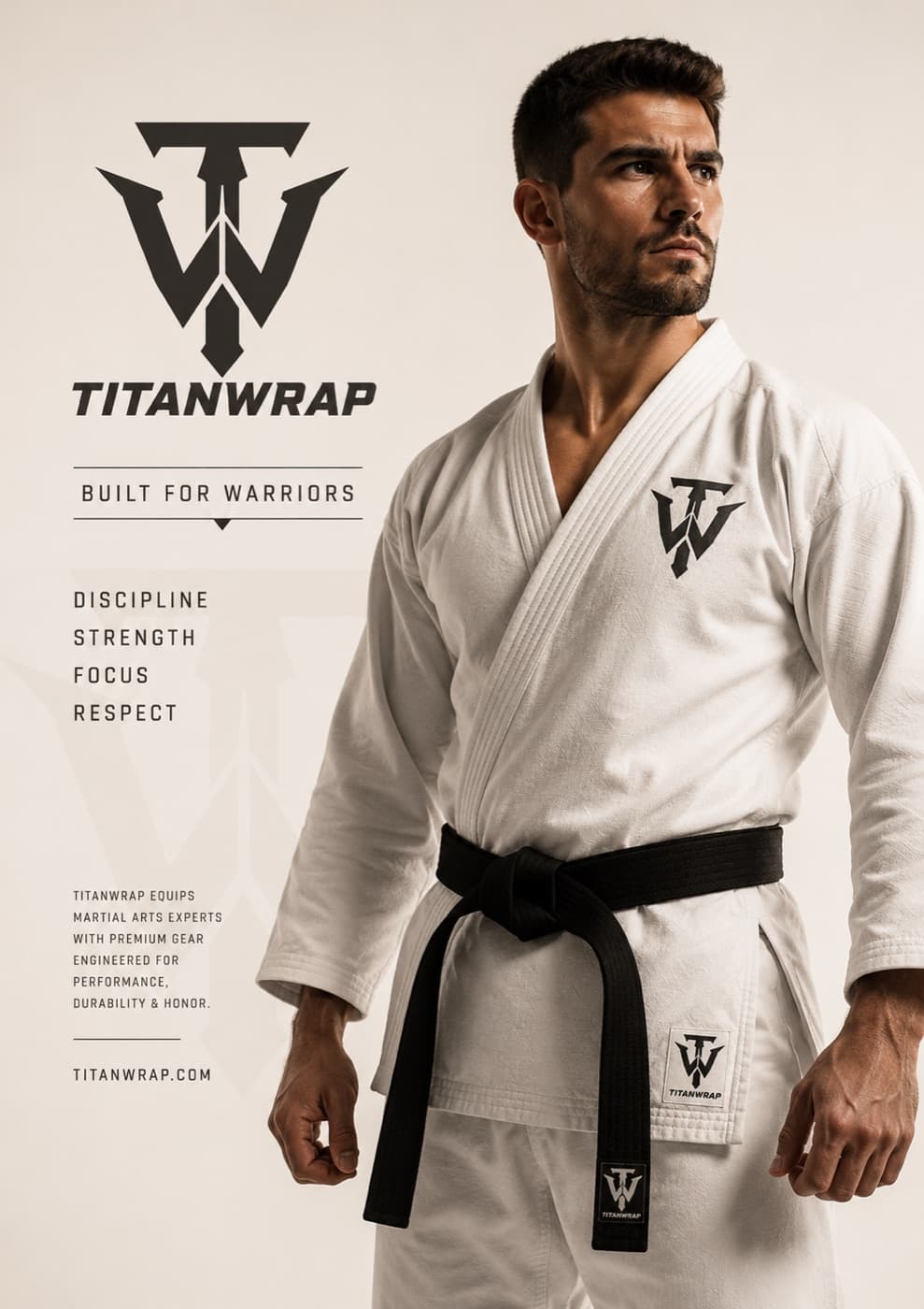 TitanWrap BJJ Gi manufacturing visual with branded Gi for fabric selection guidance
