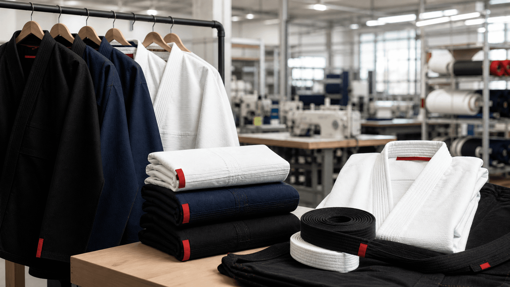 AI-generated BJJ Gi uniforms and belts prepared in a private-label textile production studio