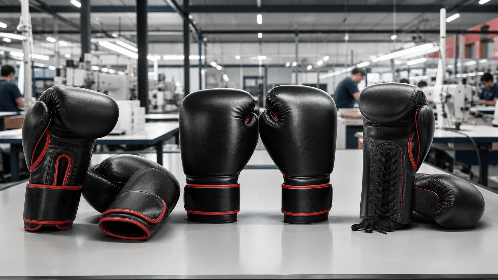 AI-generated private-label boxing gloves displayed in a modern combat sports factory