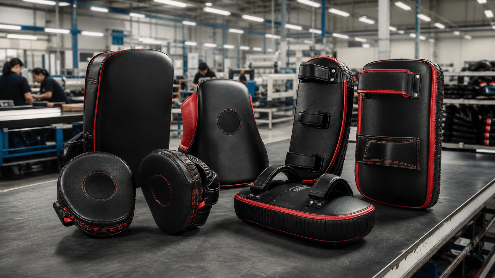 AI-generated boxing training equipment pads and shields prepared in a premium production hall