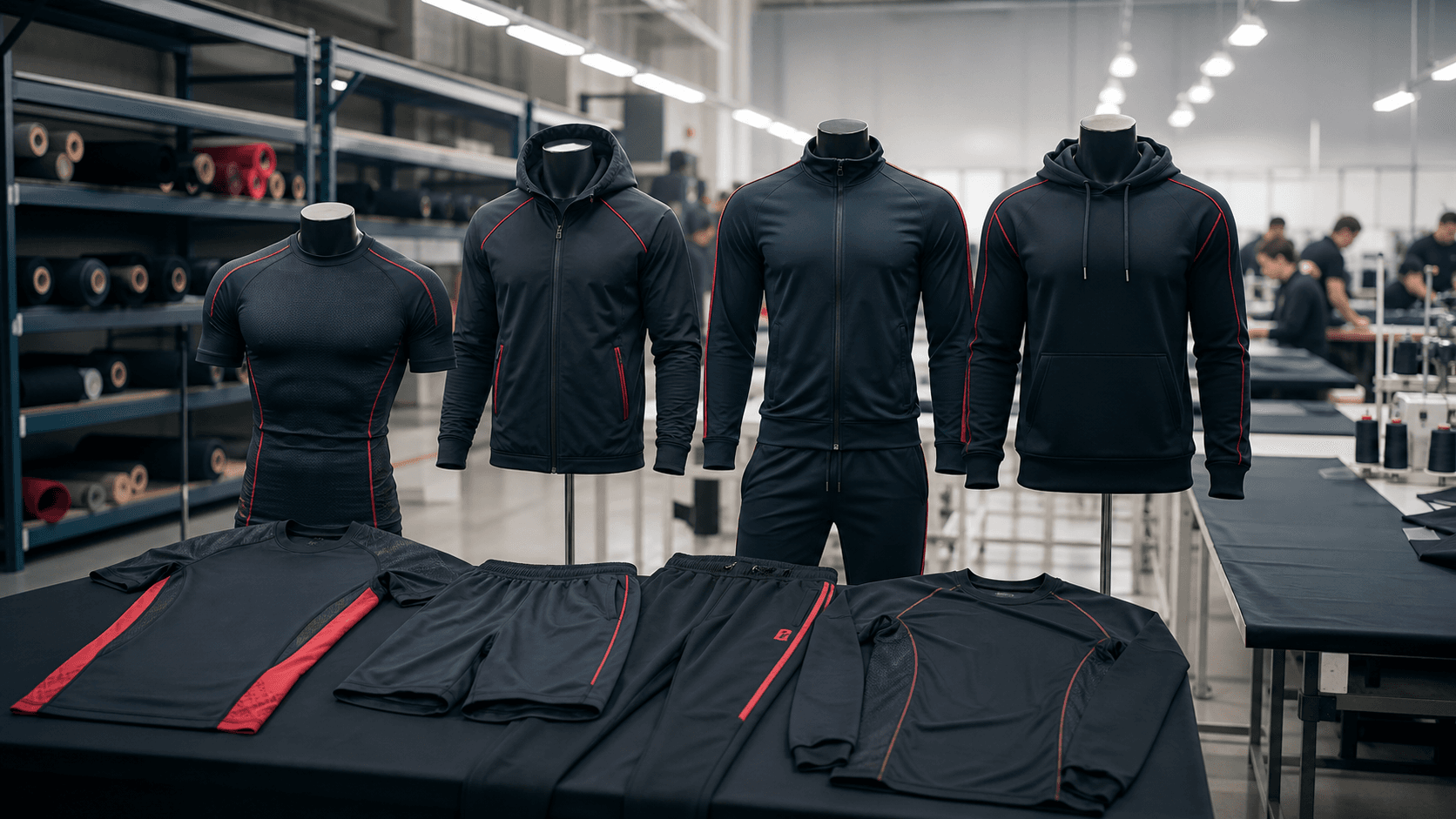 AI-generated combat apparel including training shirts hoodies tracksuits shorts and compression wear in a factory studio