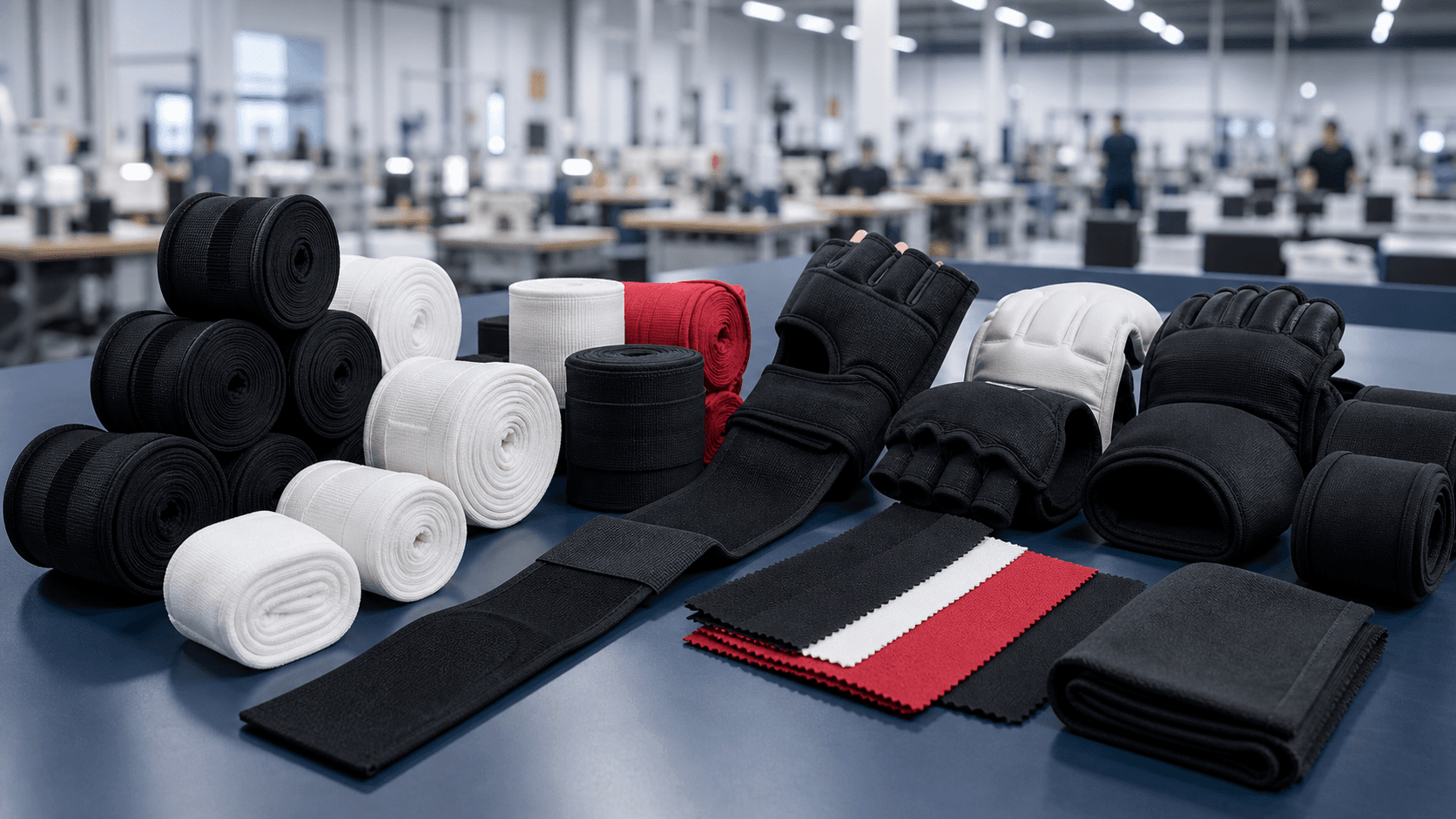 AI-generated hand wraps and hand protection products arranged on a private-label factory table