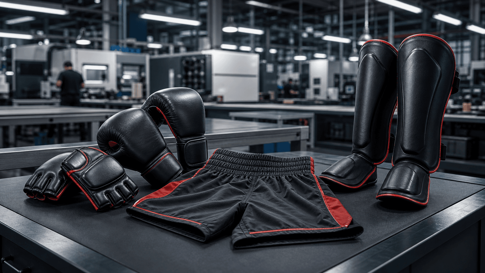 AI-generated MMA and Muay Thai gloves shin guards and fight shorts arranged in a premium factory setting