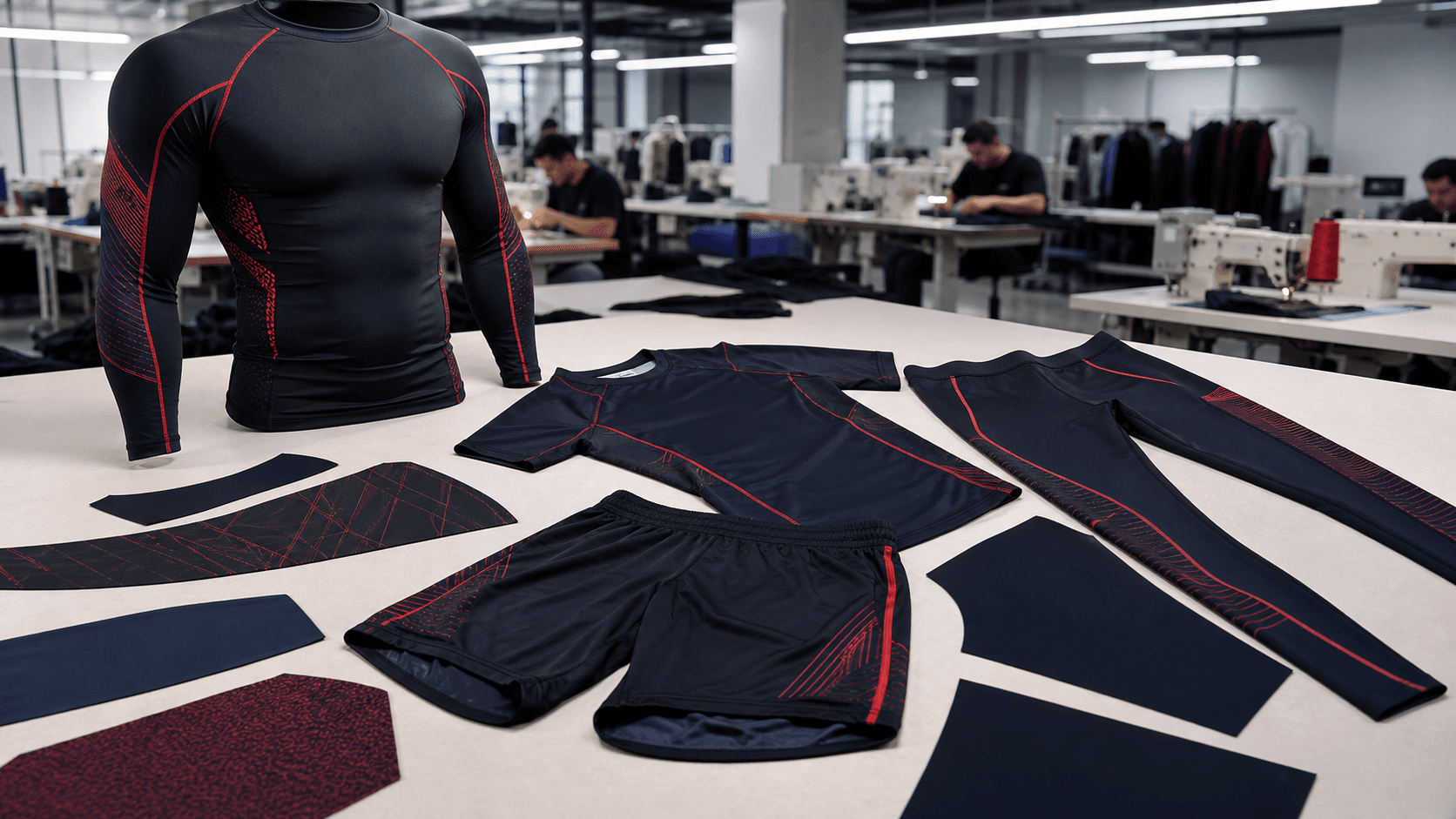 AI-generated no-gi rash guards grappling shorts and compression apparel in a production studio