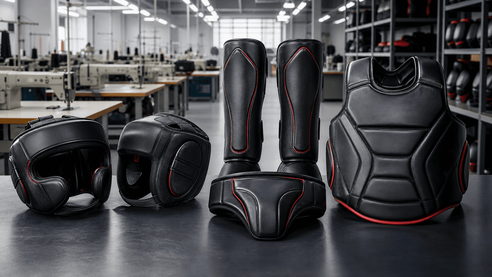 AI-generated protective combat sports gear including head guards shin guards and body protection in a factory QC setting