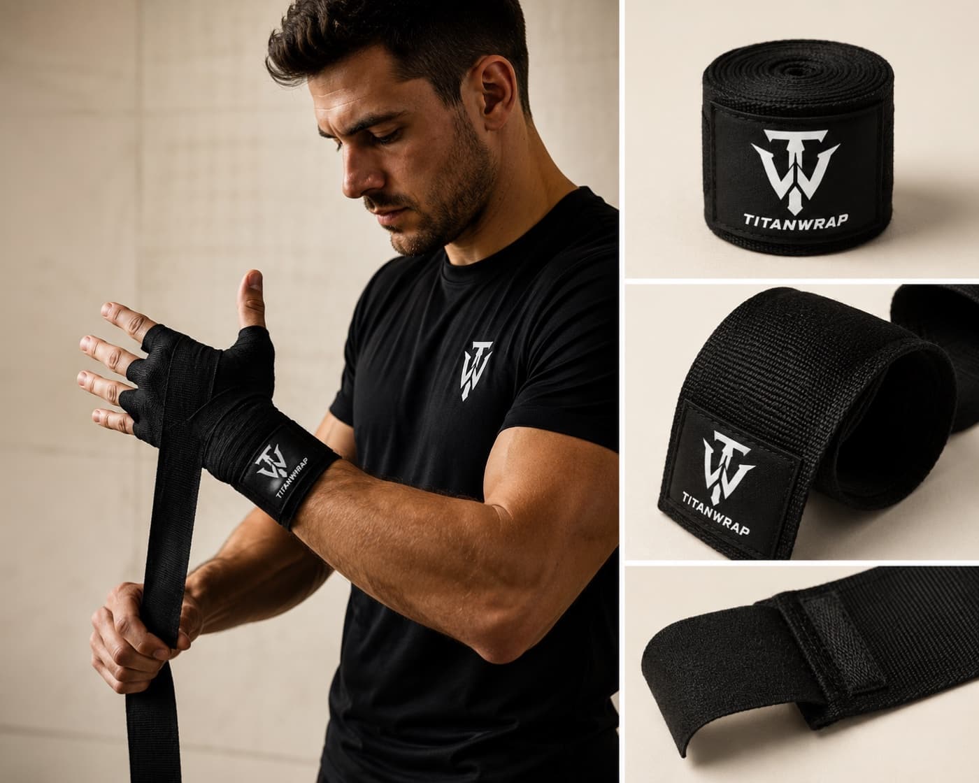TitanWrap black Mexican-style hand wraps prepared for private-label gym and academy orders