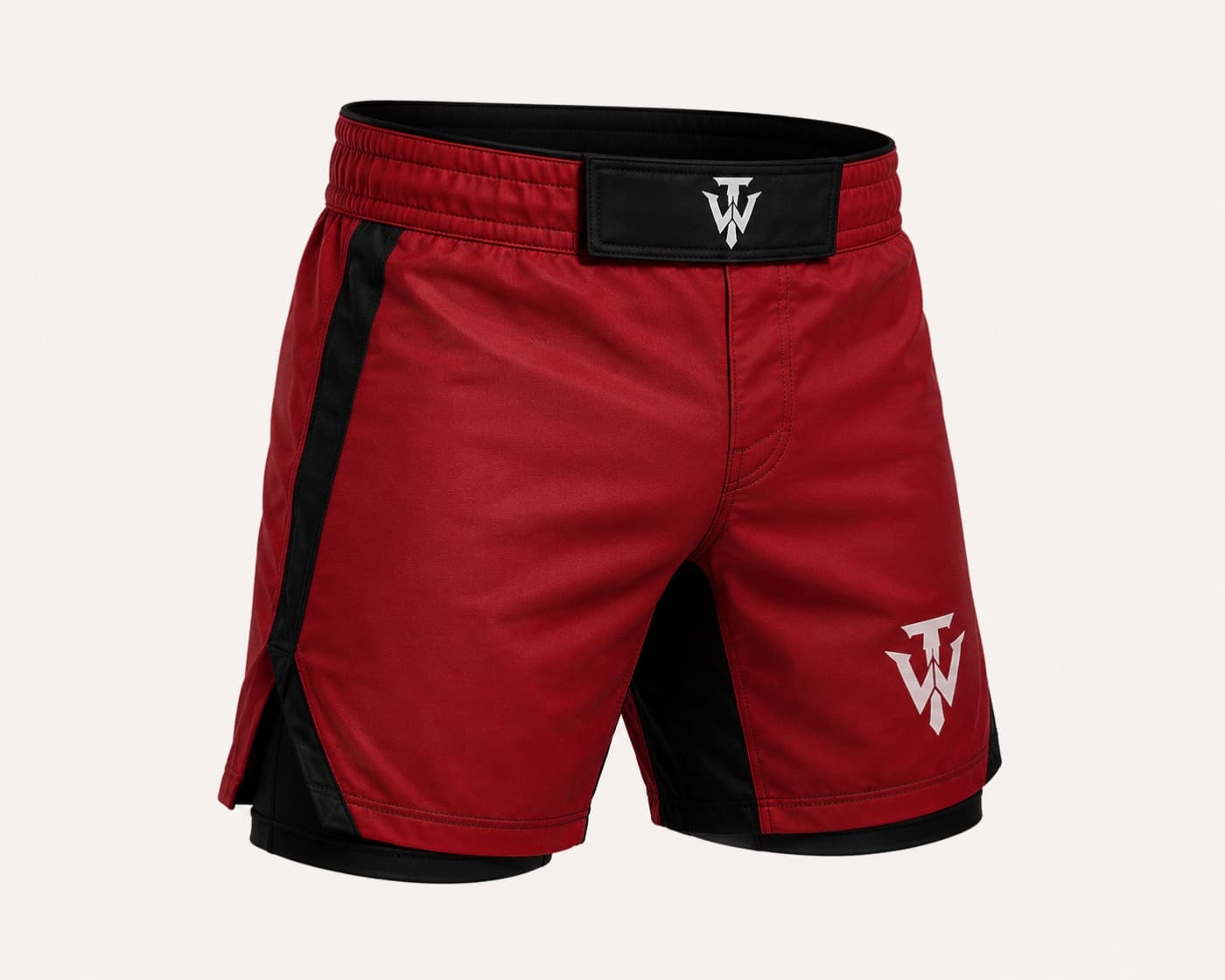 TitanWrap red Muay Thai shorts private-label fightwear product presentation
