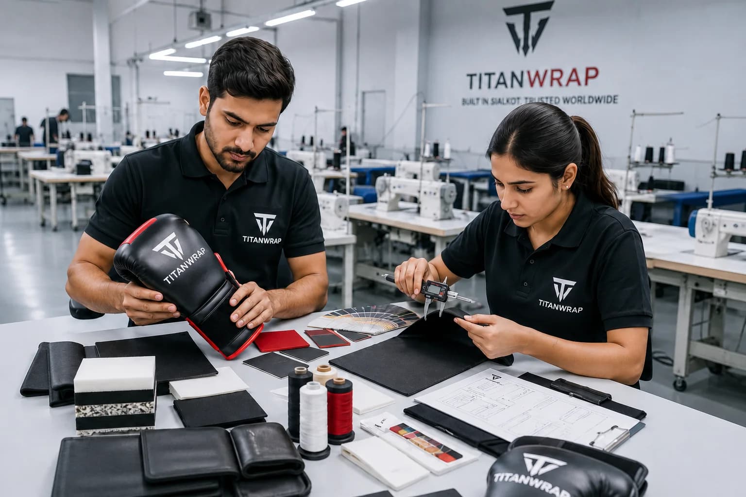 TitanWrap team inspecting boxing glove materials, foam, stitching and branding samples in a modern manufacturing facility.