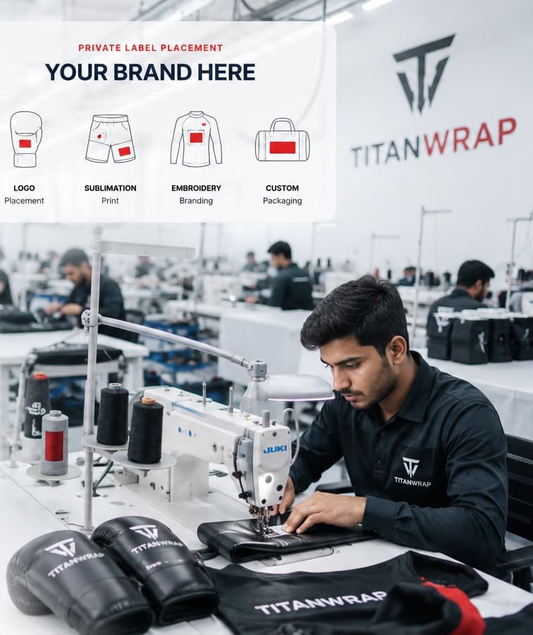 Organised combat-sports production studio in Sialkot with professional stitching stations