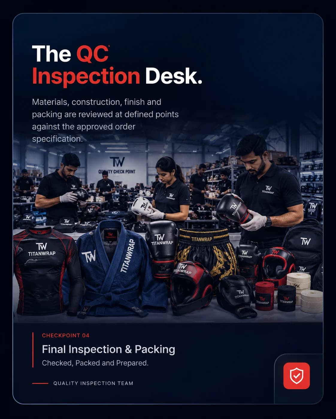 TitanWrap quality inspection team examining boxing gloves, combat apparel and protective equipment before final packing