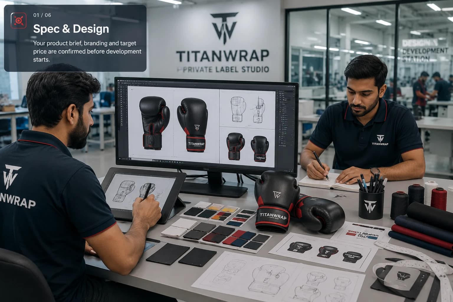 TitanWrap design team reviewing boxing glove specifications, technical drawings, material swatches and physical prototypes.
